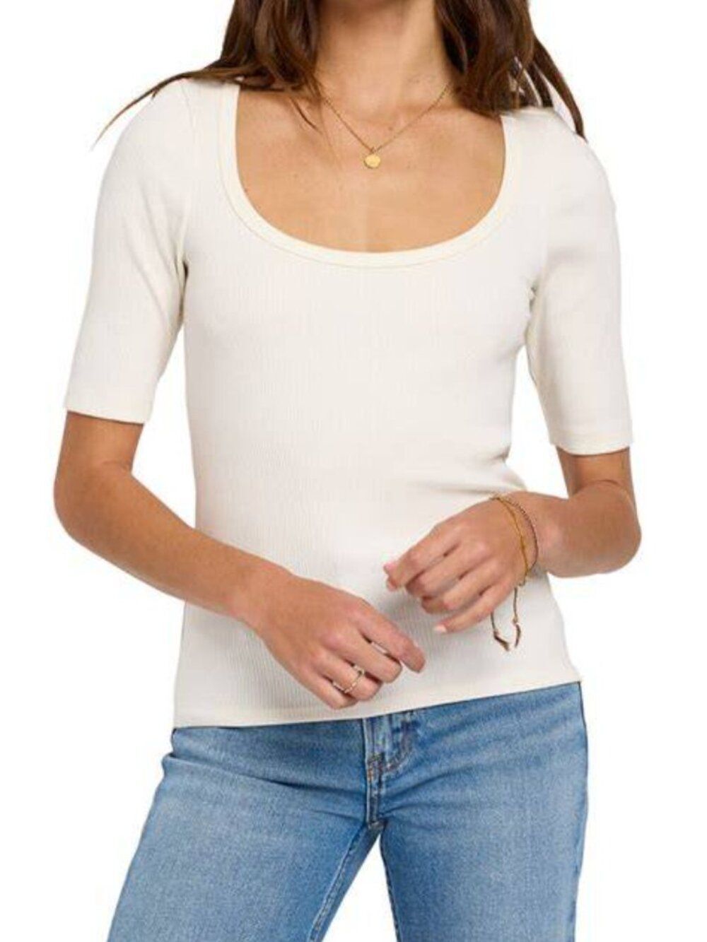 Faherty Brand Freestyle Rib Knit Elbow Sleeve Tee Top for Women S White/Cream